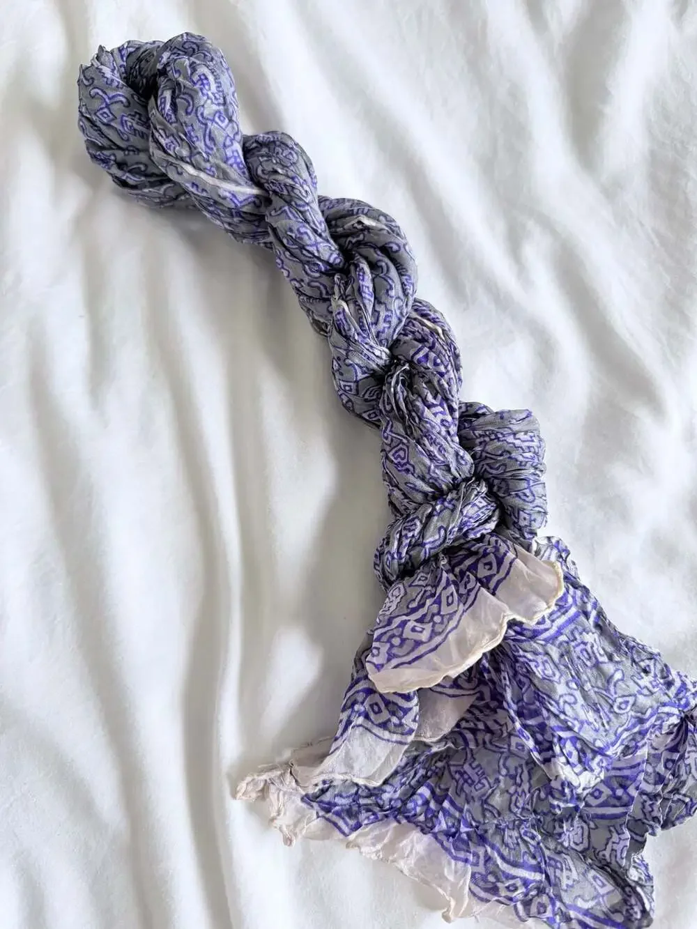 Vintage 100% Silk Purple and Grey Geometric Printed Crinkle Scarf